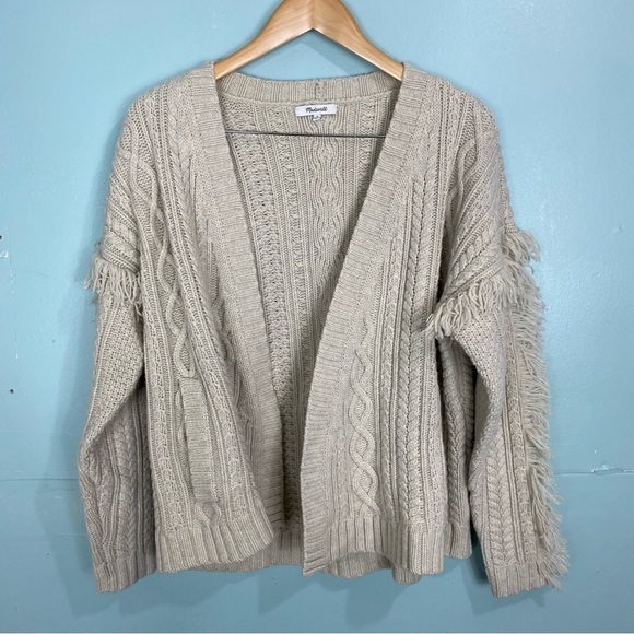 Madewell Cableknit‎ Fringe Open Front Cardigan Wool Creme Sz M - Picture 1 of 9